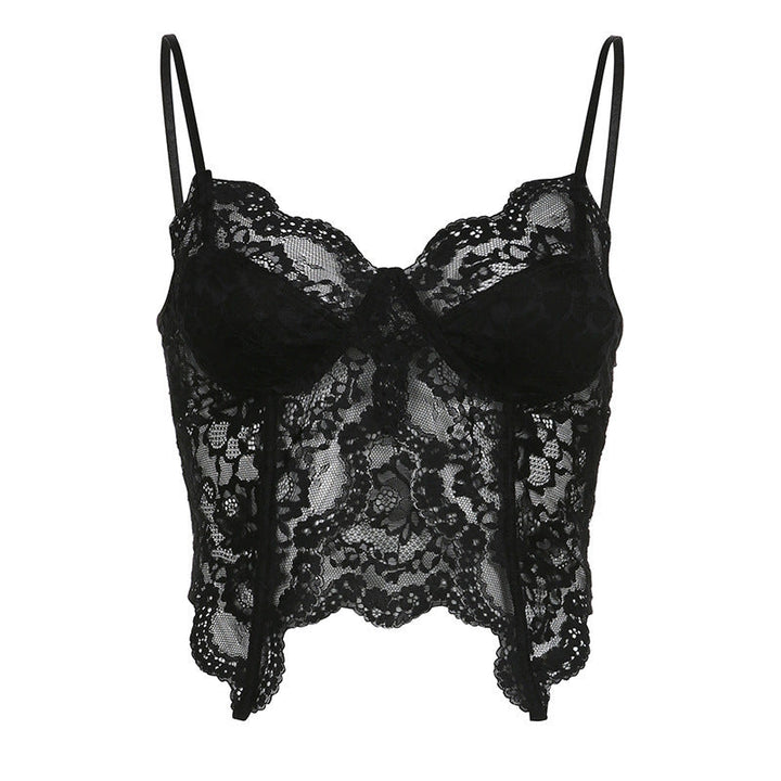 Sofistikert svart damebustier med vakkert blomsterdesign og elegant spiss-bustier stil.