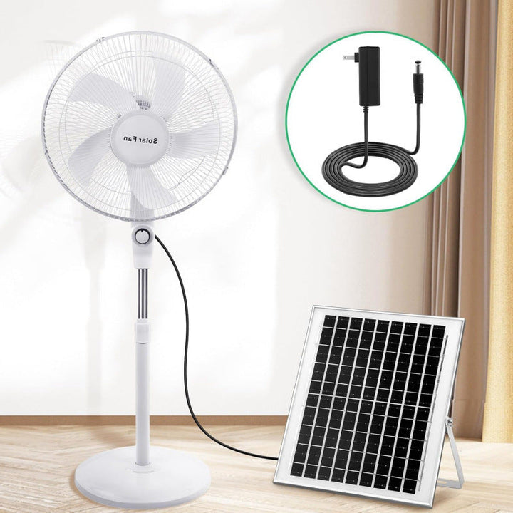 Hvit solcellevifte for stille og effektiv kjøling. Perfekt for hjem, kontor og utebruk, drevet av solenergi.