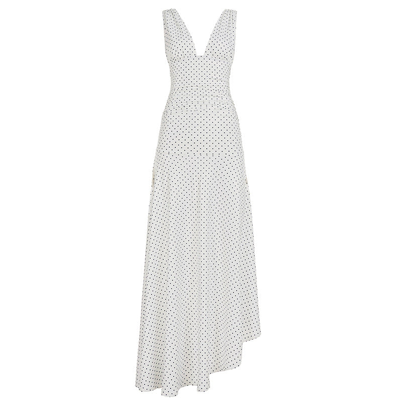 Elegant hvit prikket maxikjole for damer, med dyp V-hals, asymmetrisk skjørt. Ideell sommer- og strandkjole.