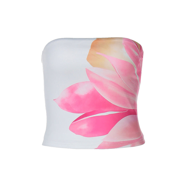 Lett og luftig blomstret bandeau topp til dame. Perfekt for sommeren, i levende gul og rød.