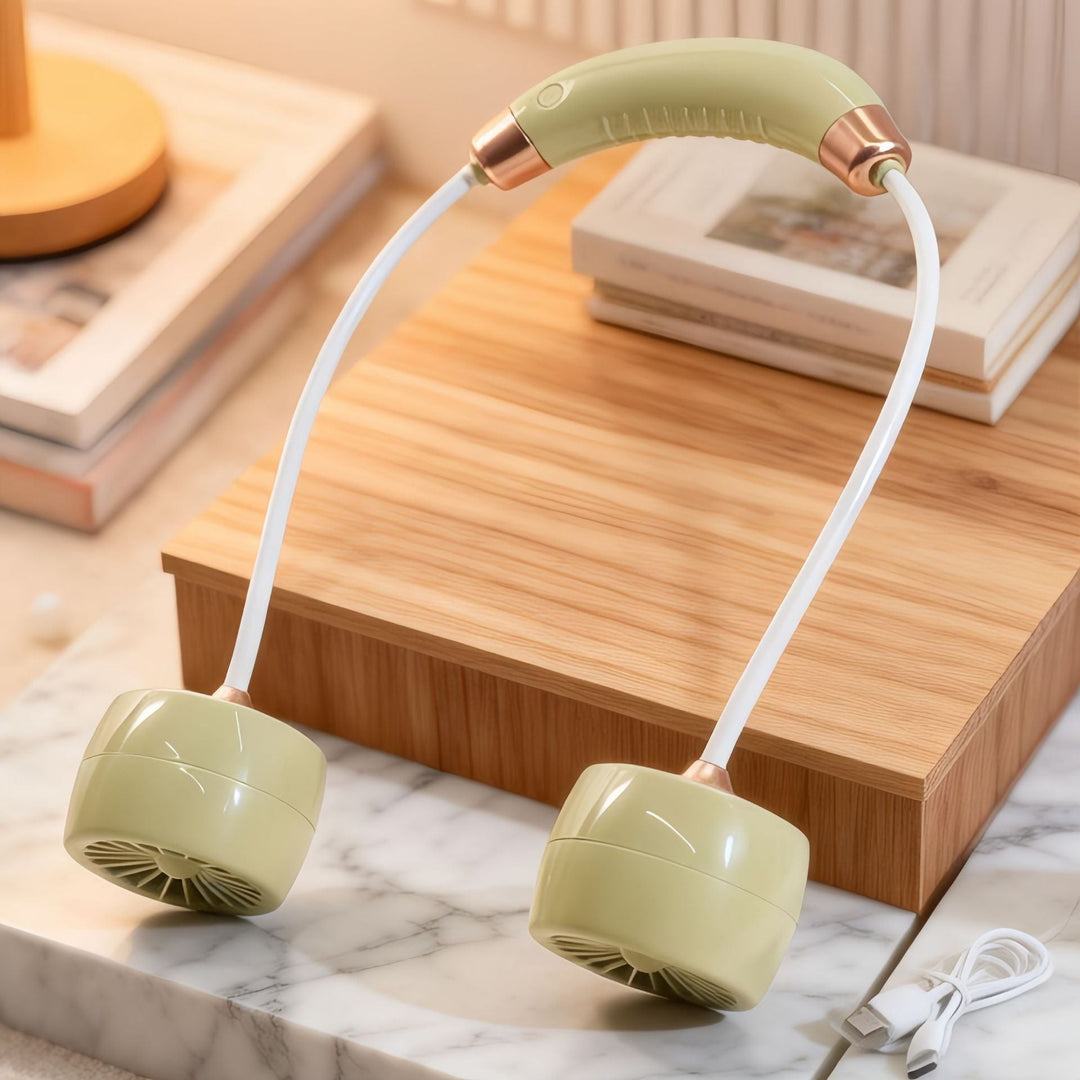 Ergonomisk halsvifte for kvinner, tilbyr håndfri, stille kjøling med lang batterilevetid via USB-lading.