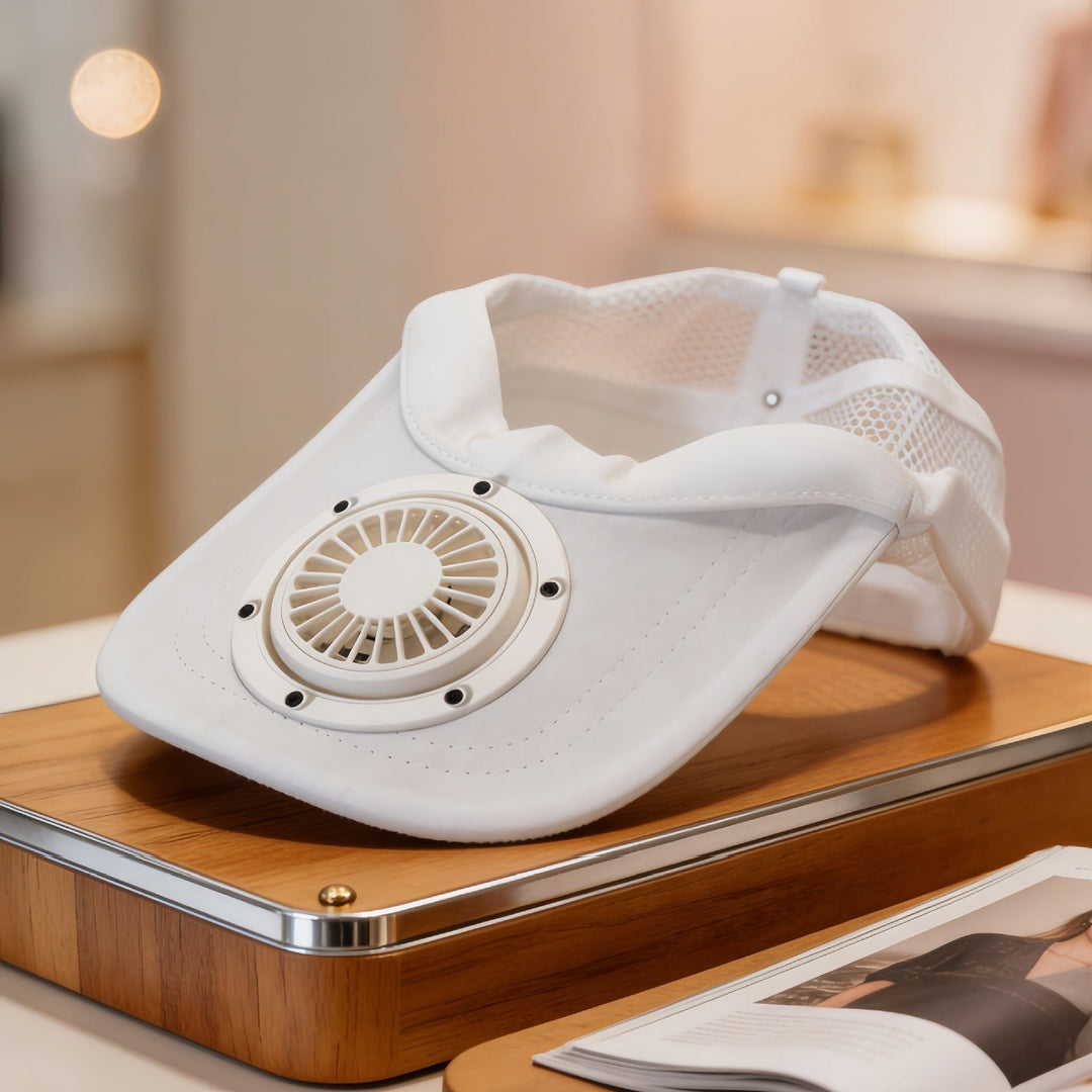 Dame kjølecap med innebygd vifte for hodet. Perfekt hodeplagg for å holde deg kjølig i varmen.