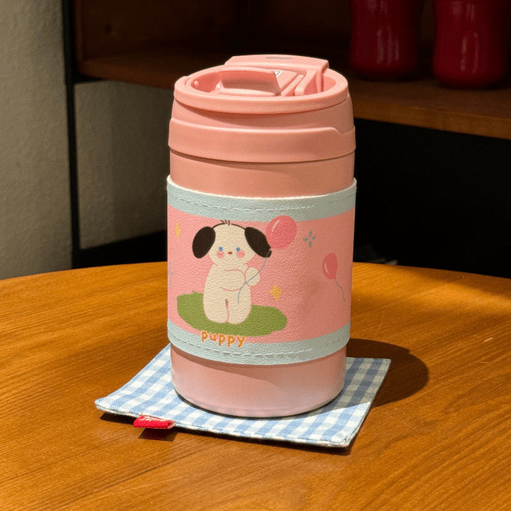 Rosa isolert kaffekopp med lokk og søt kanindesign. 500ml gjenbrukbar termokopp for damer.