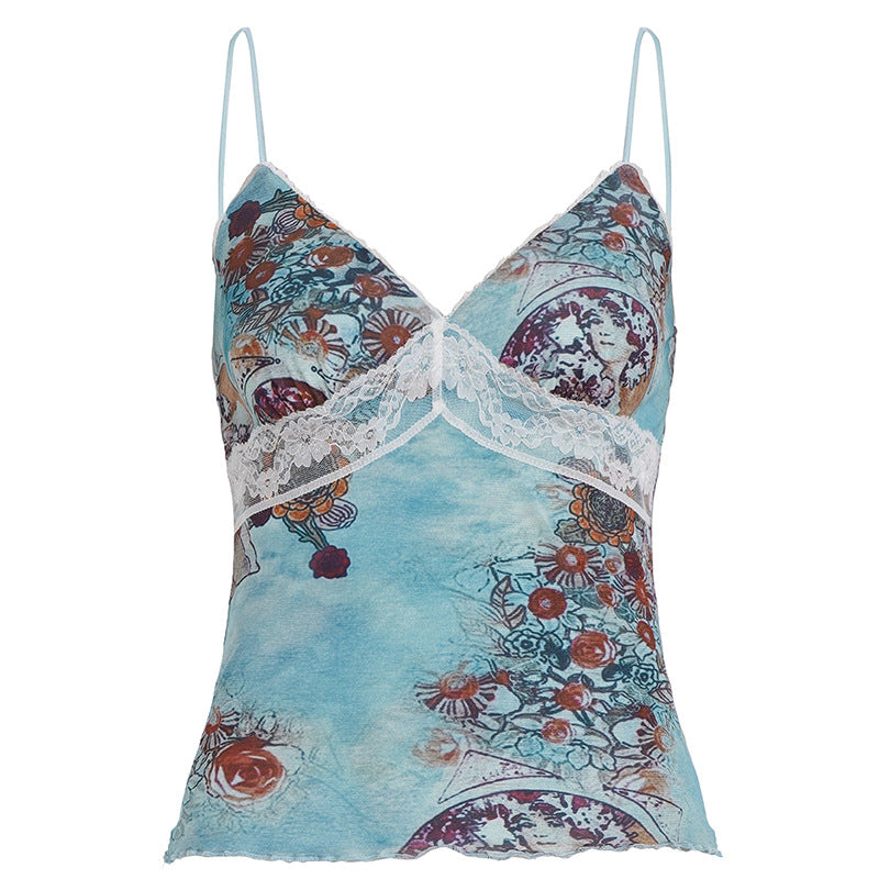 Trendy dame sommertopp: spiss-camisole med livlig blomstermønster, V-hals og behagelige justerbare stropper.