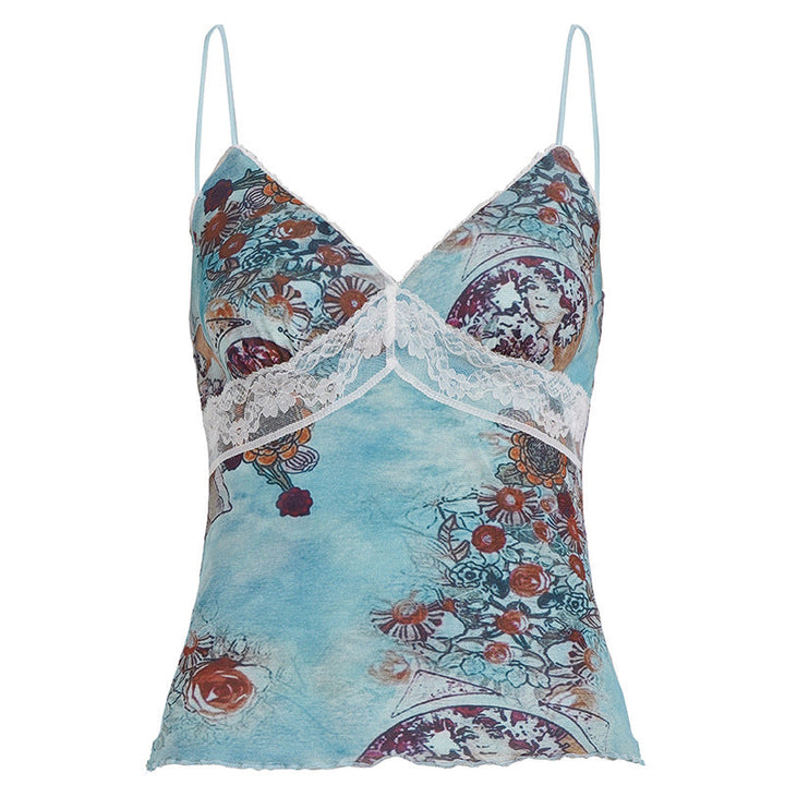 Trendy dame sommertopp: spiss-camisole med livlig blomstermønster, V-hals og behagelige justerbare stropper.