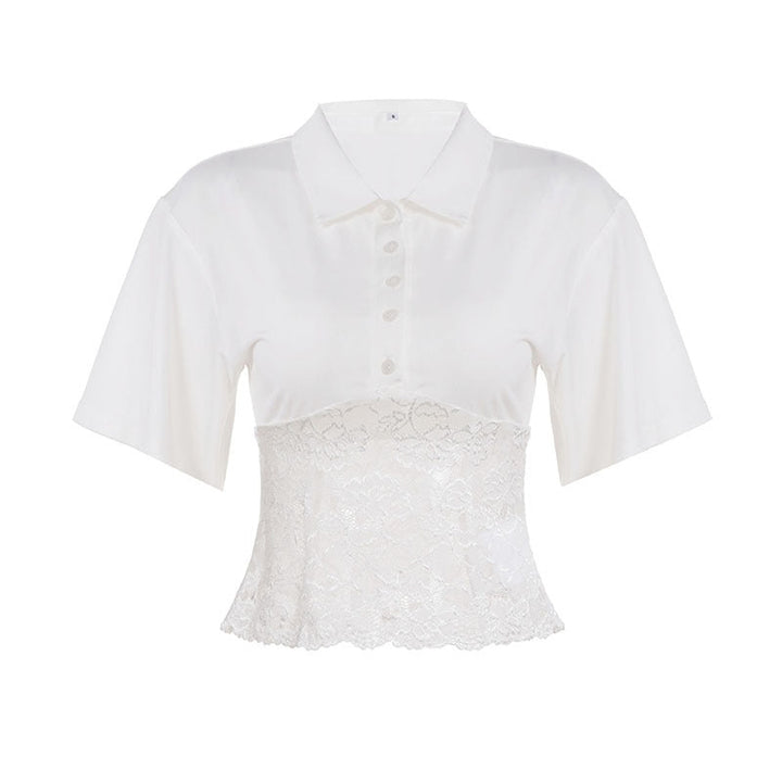 Moderne dame topp med kortermede ermer og blonde applikasjoner, perfekt for en chic look.
