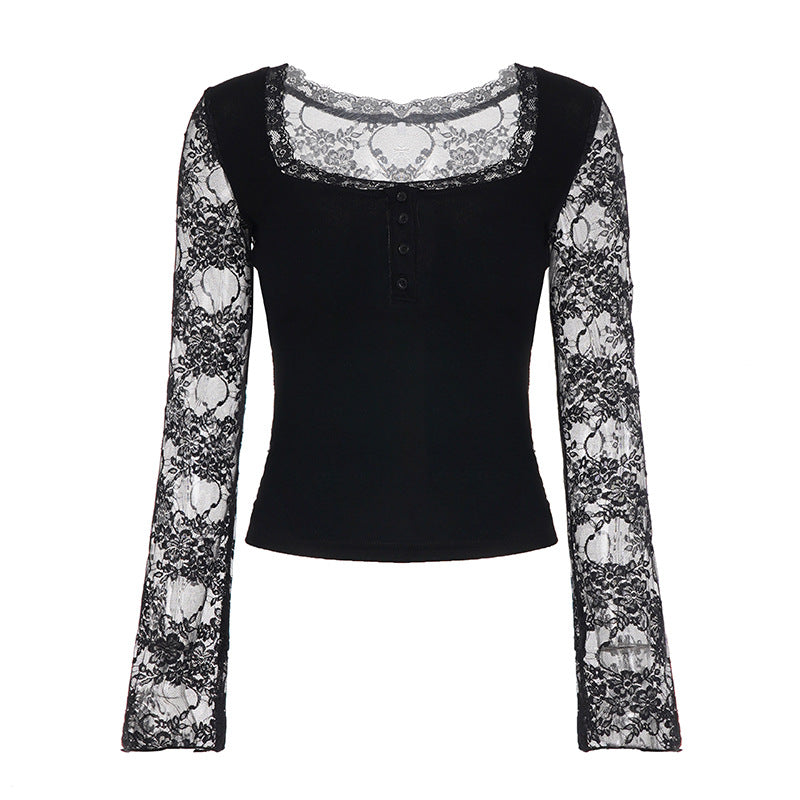 Elegant svart damebluse med fine blonder og knapper. Langermet design passer til både formelt og uformelt.