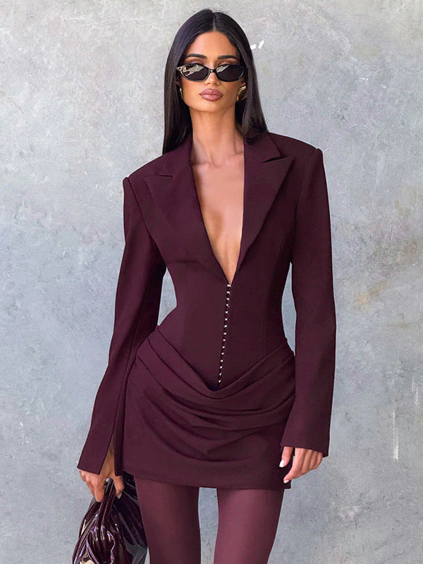 Trendy blazer-minikjole, formell damekjole med dyp V-hals, perfekt som cocktailkjole.