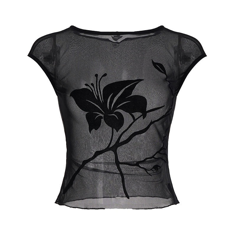 Stilren gjennomsiktig bluse med vakkert blomstertrykk. Komfortabel og chic damebluse for enhver anledning.