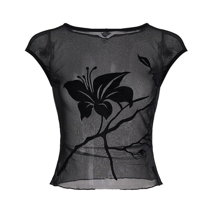Stilren gjennomsiktig bluse med vakkert blomstertrykk. Komfortabel og chic damebluse for enhver anledning.