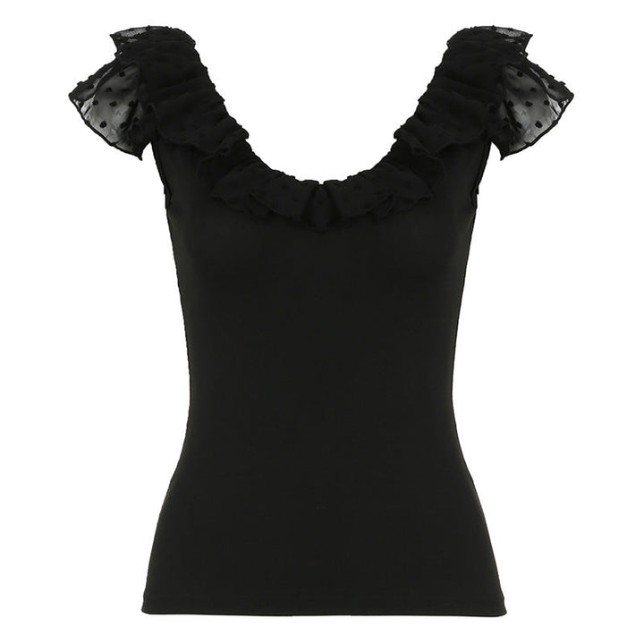Moderne svart volangtopp til dame. Elegant og komfortabel overdel, perfekt for en stilfull sommerlook.