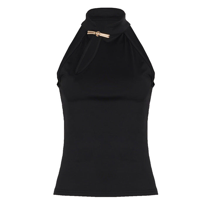Dame sportstopp med høy hals, elegant spenne og trendy spalte. Perfekt for yoga og stilfull trening.