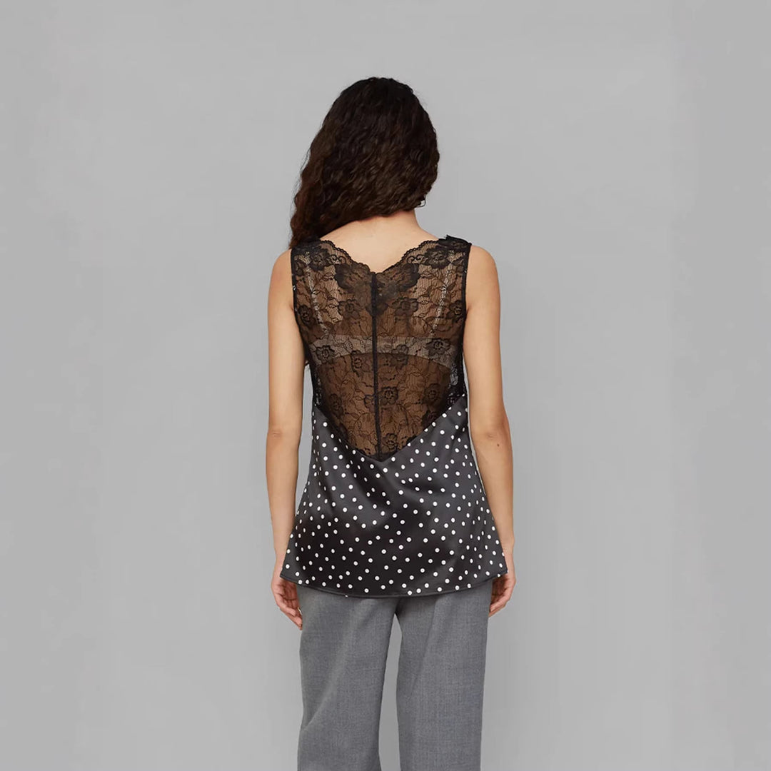 Kvinners elegante svarte sommer topp med polka dots, fine blondedetaljer og tynne spaghetti-stropper.