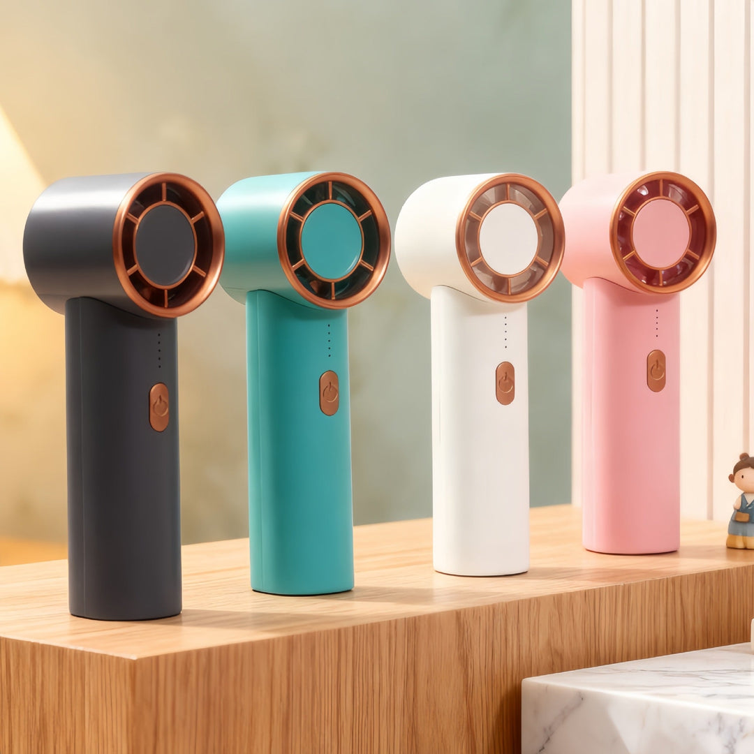 Elegant bærbar minivifte i blått, USB-drevet, perfekt som kontorvifte for kvinner. Gir stille, kjølig luft.