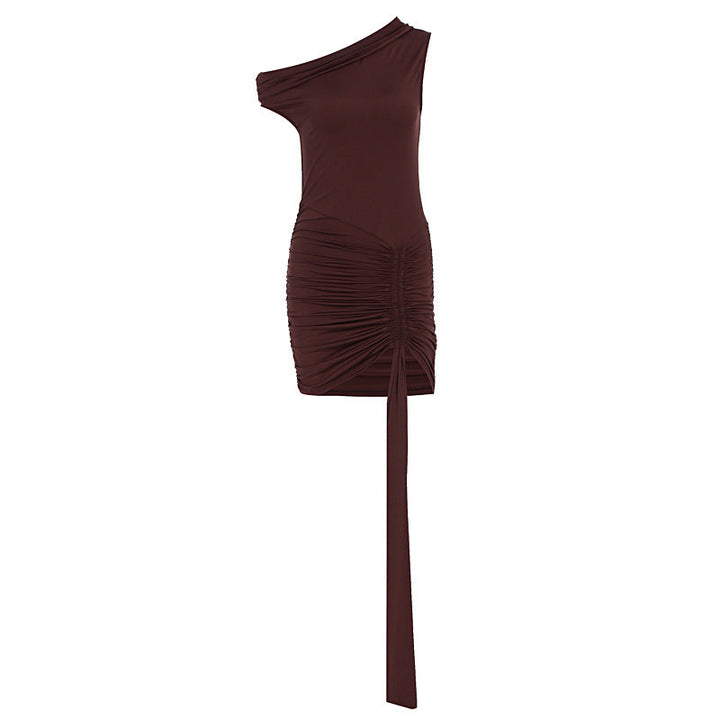 Damekjole bordeaux: Kort, skulderløs minikjole med chic asymmetrisk drapering.