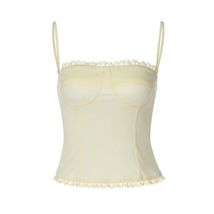 Lys gul korsettopp for damer med justerbare stropper. Elegant design med spisse detaljer.