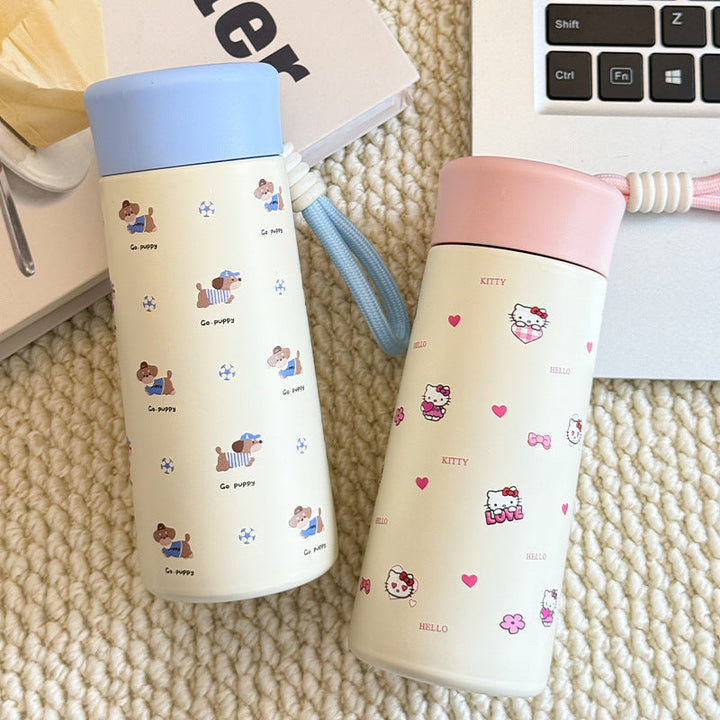 Beige 320ml gjenbrukbar isolert drikkeflaske for dame, miljøvennlig og med praktisk bærehåndtak.