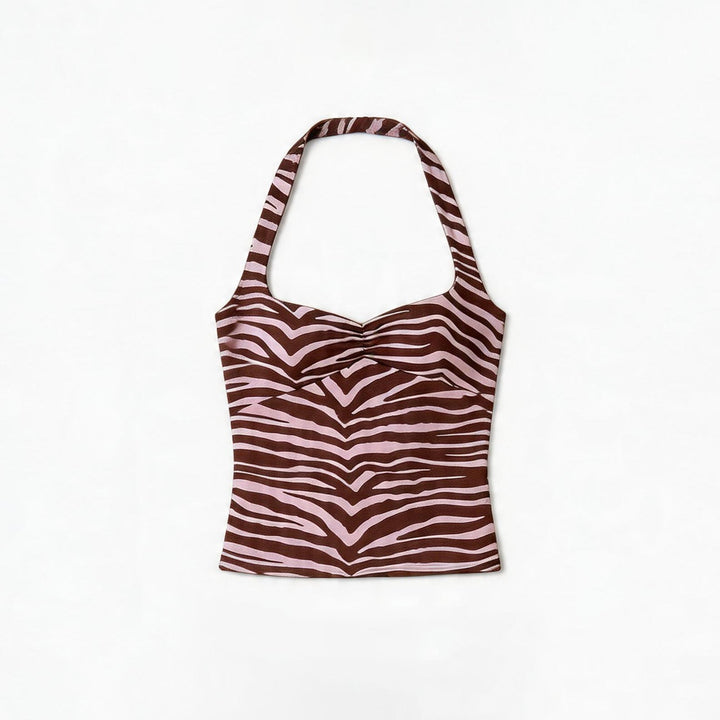 Dame halterneck topp med trendy striper. Justerbar sommertopp, perfekt for en uformell eller elegant stil.