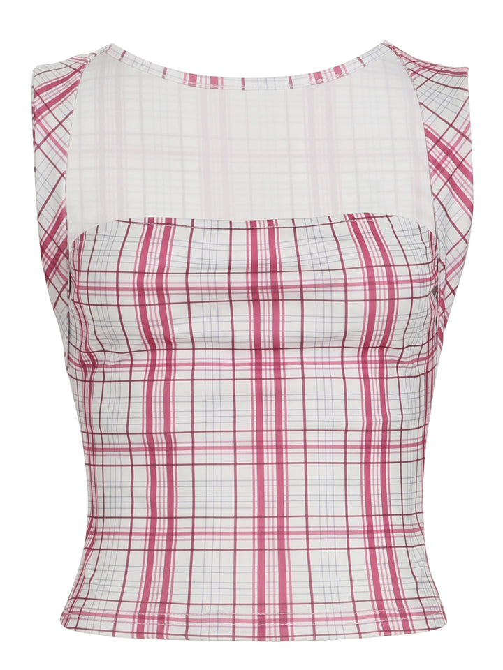 Damer elegant rutetopp med figurnærende snitt. Trendy gjennomsiktig topp for vår og sommer i elegant design.