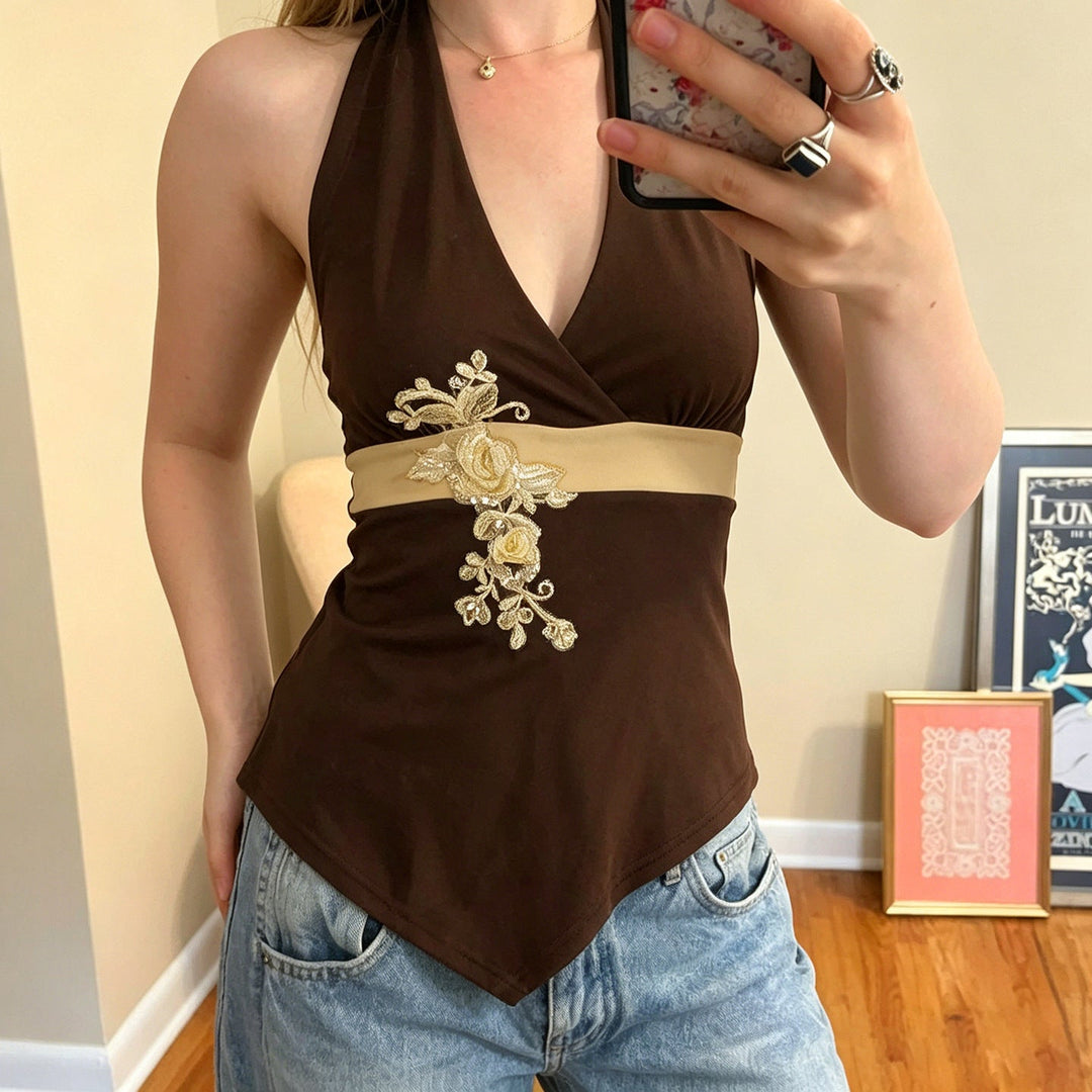 Damer Elegant Halter-badedrakt med Luksuriøse Broderier