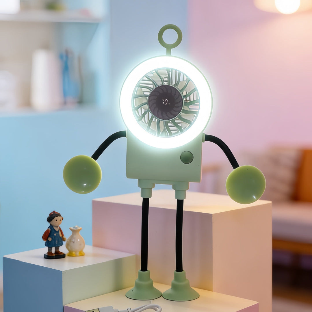 Dekorativ USB-vifte med LED-belysning, gir frisk bris og stemningsfullt lys til enhver arbeidsplass.