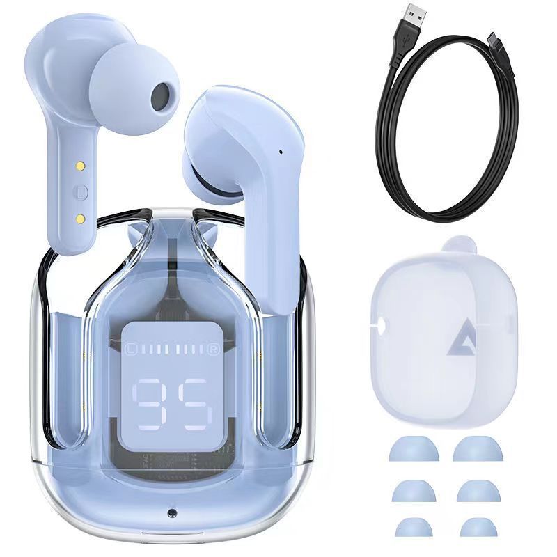 Ladeetui for trådløse Bluetooth-ørepropper, med indikator for batterinivå.