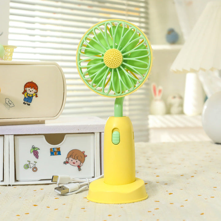 Søt USB-bordvifte for kvinner, lett å bære, med blomsterdesign. Perfekt for skrivebord og reise.