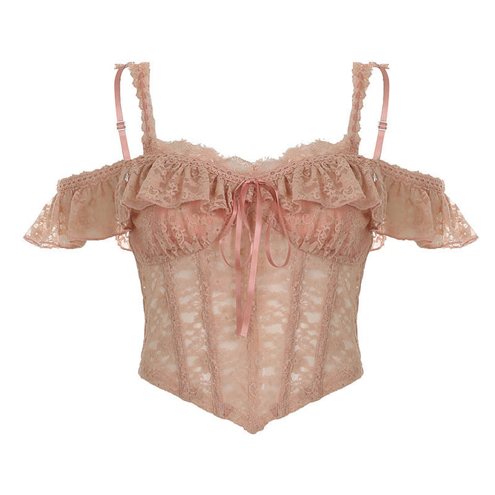 Dame topp med tynne stropper og volanger, elegant design for sommer og festlige anledninger.