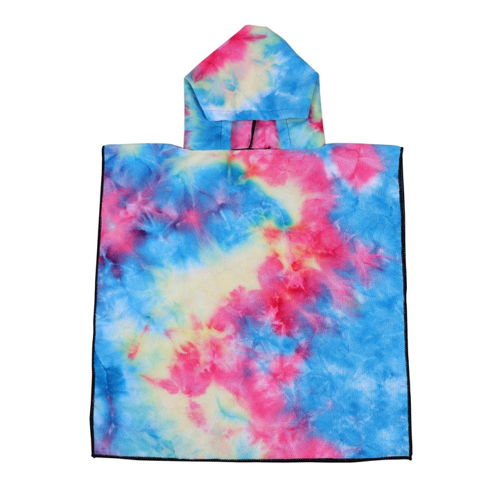 Fargerik tie-dye dameponcho med hette. Elegant og moderne casual stil for kvinner.
