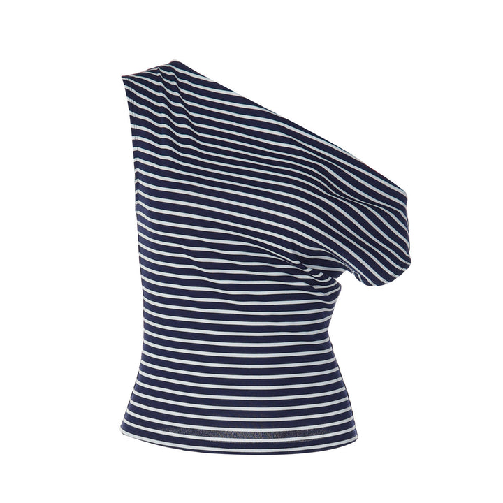 Casual sommer topp for kvinner, mørkeblå stripete med komfortabelt ensidig skulderløst design. Ideell for varme dager.