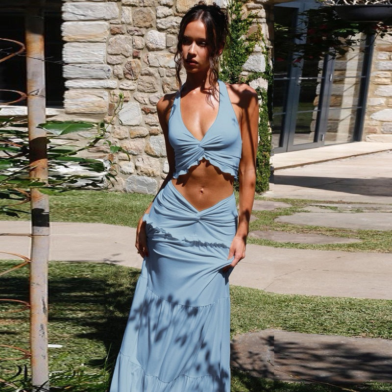 Trendy himmelblå dame maxikjole med cutout, volanger, perfekt som sommer- eller festkjole.