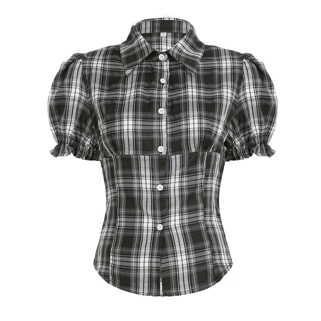 Feminin rutete bluse med puffermer, en elegant og moderne topp for damer.