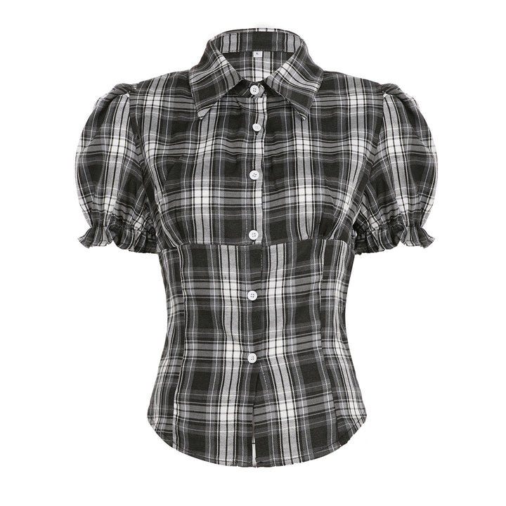 Feminin rutete bluse med puffermer, en elegant og moderne topp for damer.