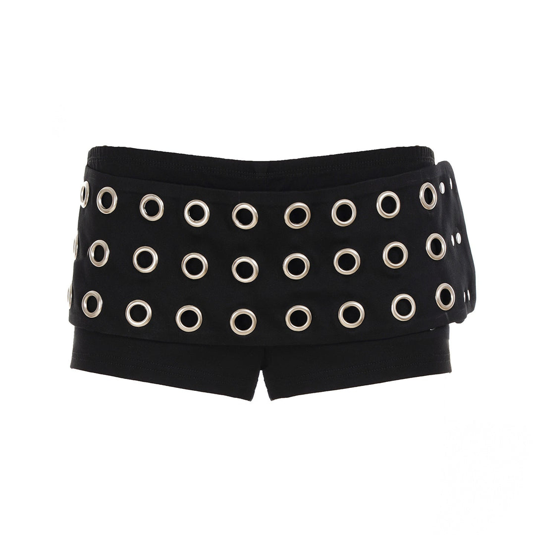 Stilige svarte dameshorts med dekorative øyner. Ideell for fritid, trendy og veldig komfortabel.