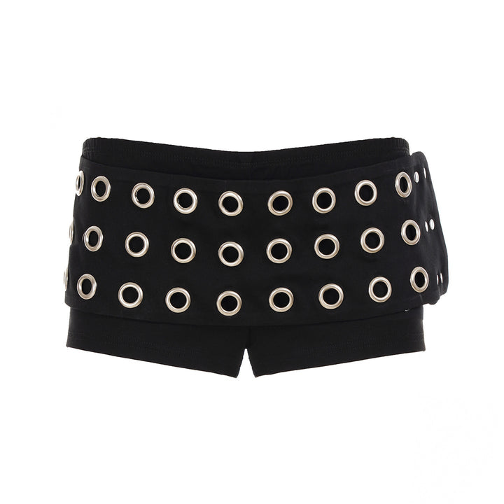Stilige svarte dameshorts med dekorative øyner. Ideell for fritid, trendy og veldig komfortabel.