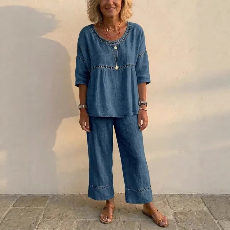Kvinnenes komfortable loungewear sett med blonder, avslappet passform, ideelt for hjemmekos.
