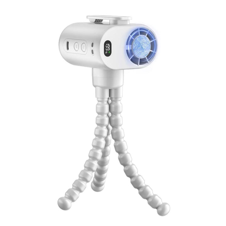Hvit unisex mini-vifte med stativ og USB-lading for kontor eller utendørs.