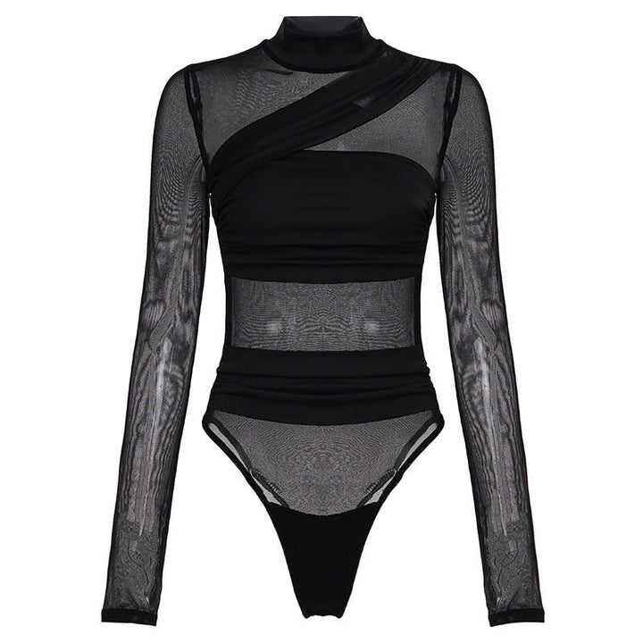 Sensuell svart blondebody til dame, langermet med transparente paneler for et sofistikert antrekk.