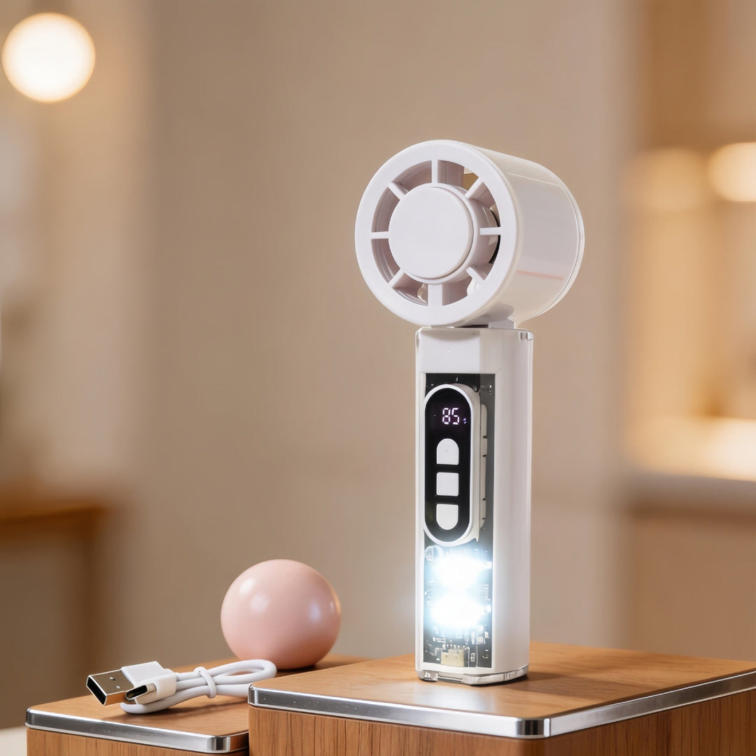 USB-oppladbar håndvifte for kontor, utendørs og reise. Inkluderer temperaturvisning og praktisk LED-lys.