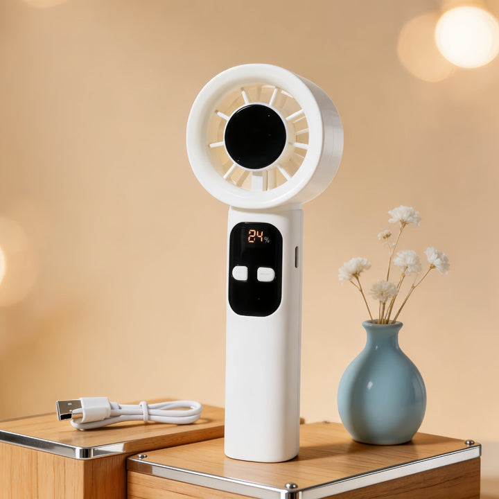 Elegant personlig håndvifte med digitalt display og USB-lading, perfekt for kontor og utendørs bruk.