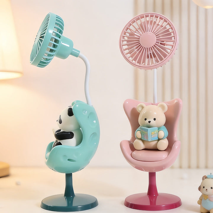 Grønn og gul panda mini vifte, stillegående og oppladbar USB-vifte for personlig kjøling.