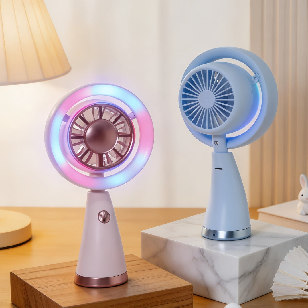Bærbar minivifte med fargerikt LED-lys, perfekt for sommer og reise. Gir frisk luft.