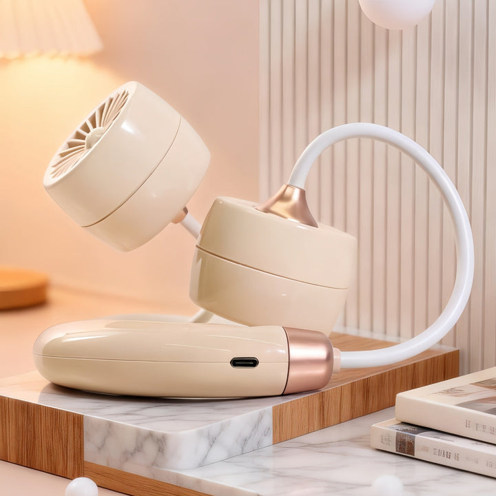 Moderne bærbar nakkevifte med justerbar arm, tilbyr komfortabel og håndfri avkjøling. Perfekt sommergadget.