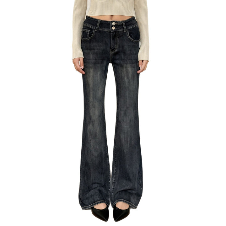 Stilige høylivs-baggyjeans i mørkegrått, med brede ben og fleksibelt justerbart midjebånd for damer.
