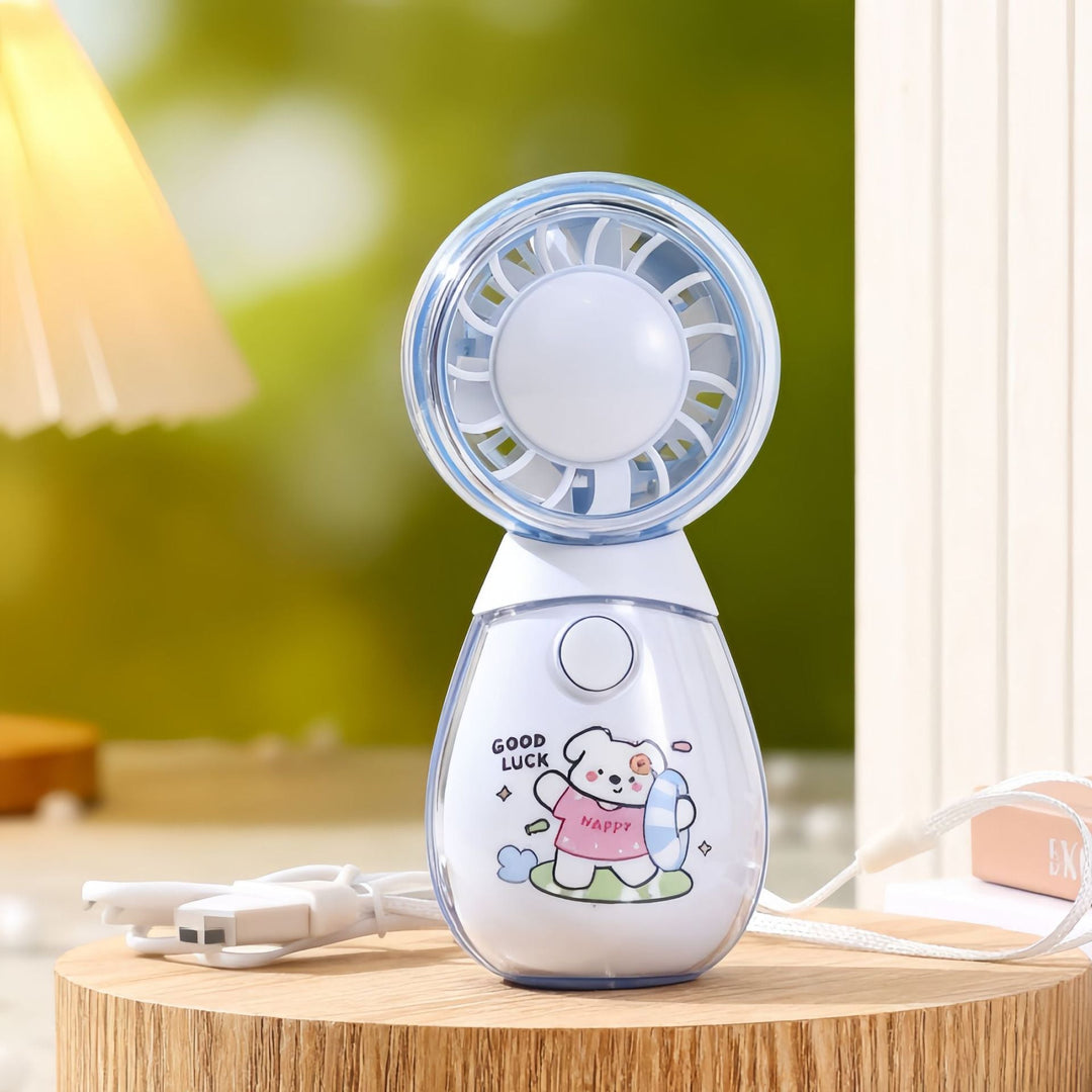 Gul mini håndvifte med kawaii dyredesign og forfriskende spray, praktisk for on-the-go avkjøling.