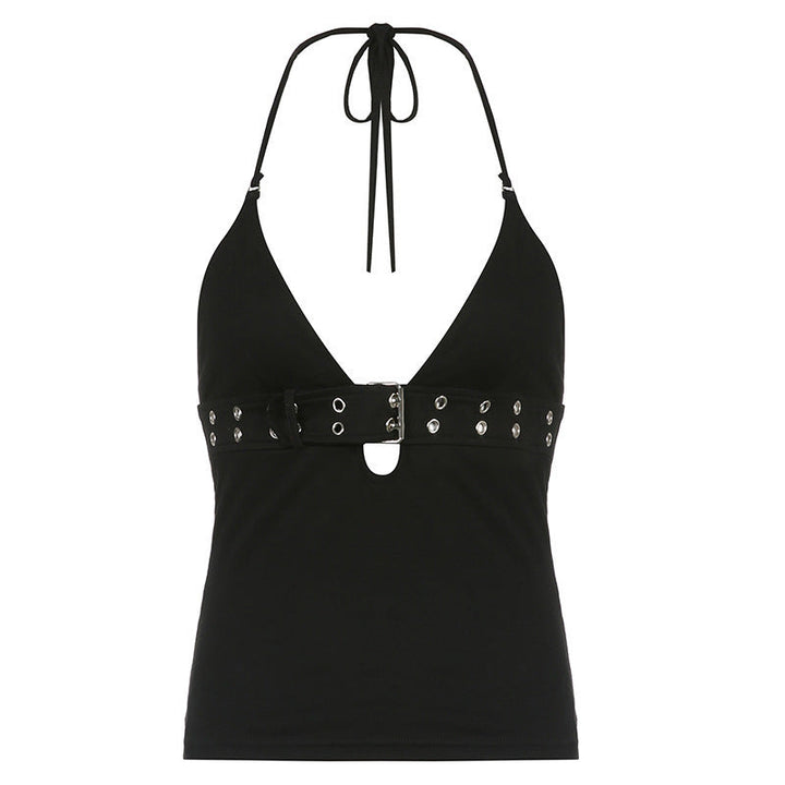 Moteriktig dame halterneck topp i svart. Allsidig design med justerbare stropper og unike detaljer, en must-have sommertopp.