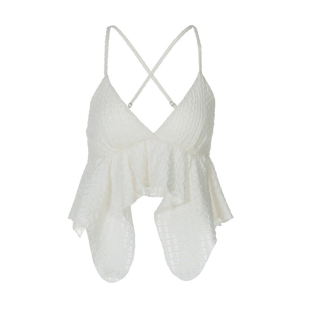 Moderne volangtopp med stropper for dame, elegant design som passer til både fest og casual bruk.