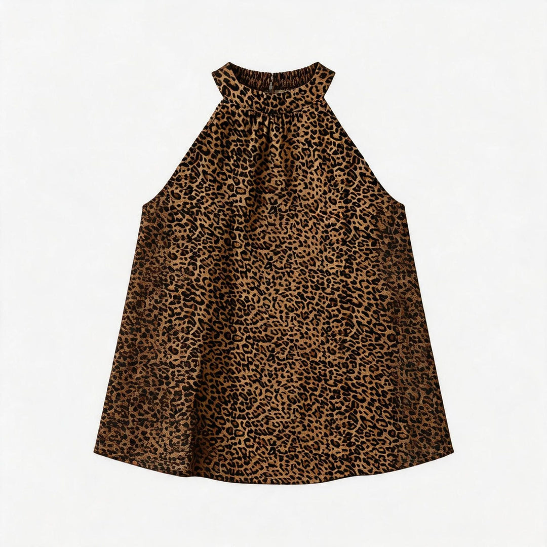 Frontbilde av dametopp: Asymmetrisk haltertopp med dristig leopardmønster. Elegant for store størrelser.