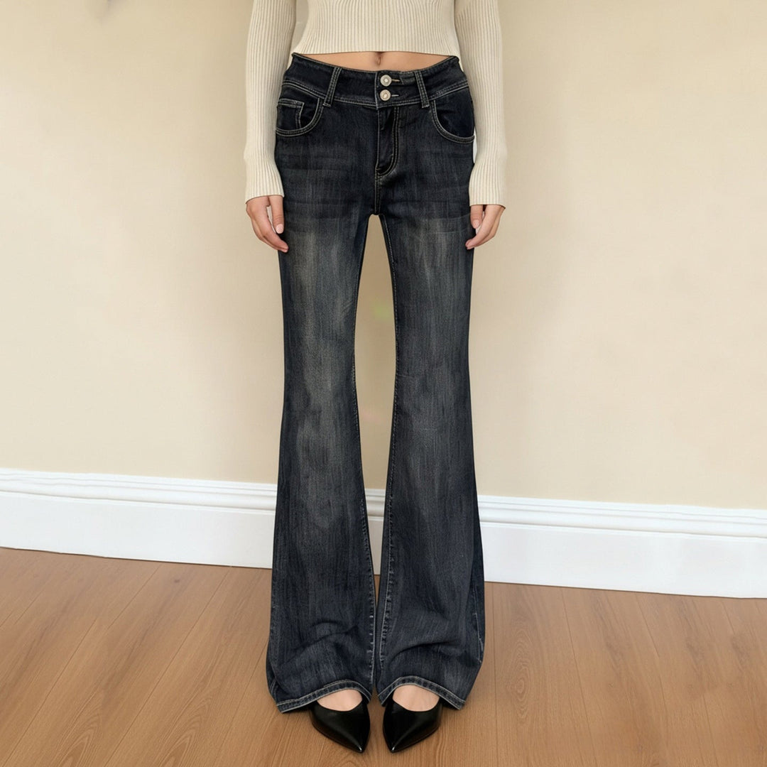 Mørkegrå baggyjeans for damer med høyt liv, vid passform og justerbart midjebånd, perfekt for fritid.