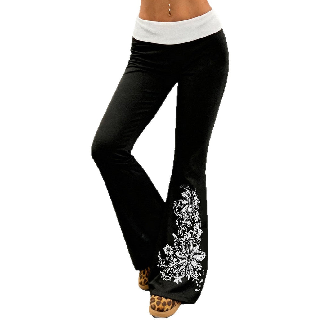 Dame treningsbukser med høy midje, flared ben og blomstertrykk, optimal for yoga, stretching og avslappet bruk.